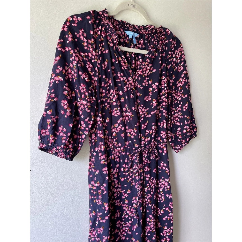 Draper James Dress Women XS Navy Pink Floral Tiered Midi Ruffle Cottagecore Darl - Picture 3 of 12